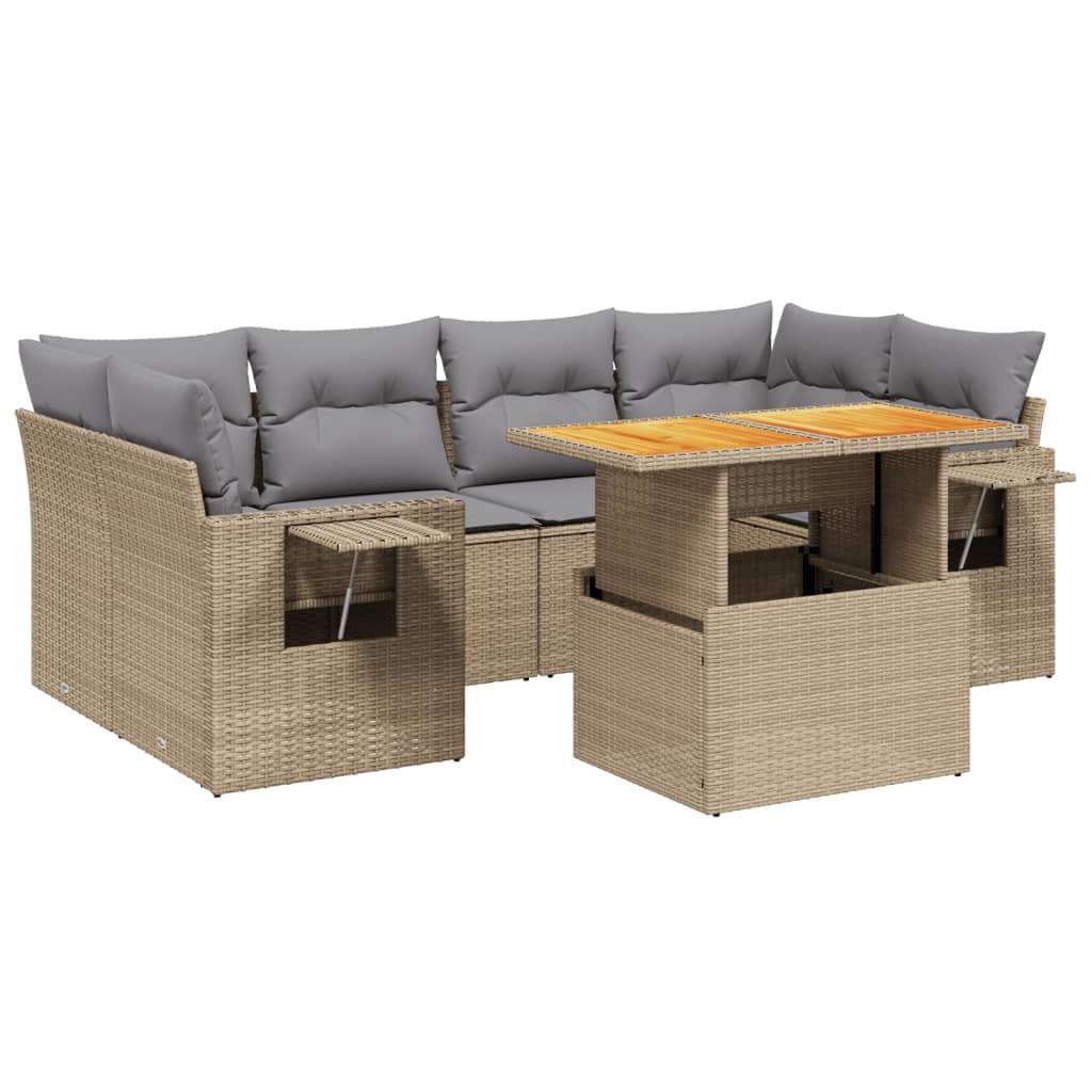 7-delige Loungeset met kussens poly rattan beige