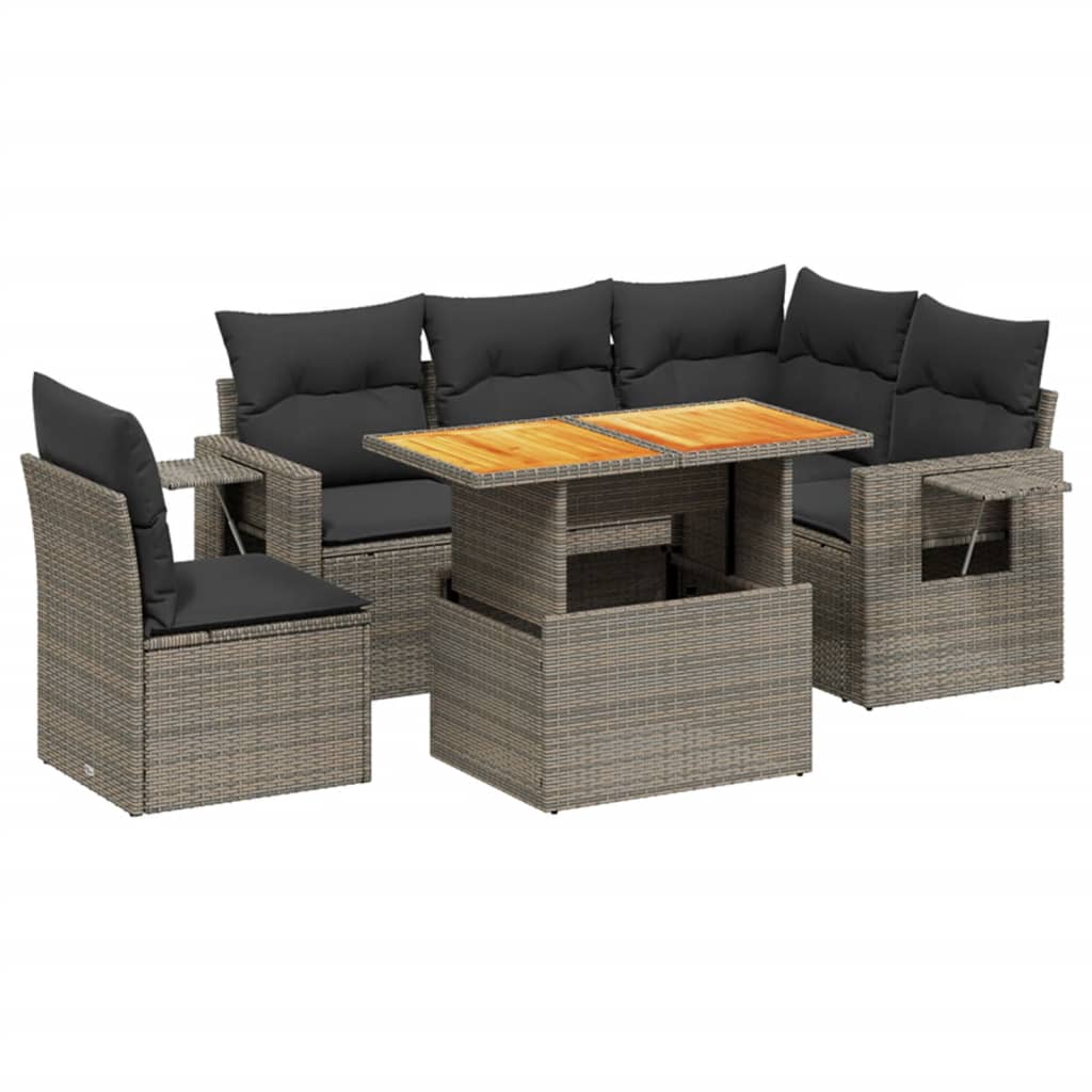 6-delige Loungeset met kussens poly rattan grijs