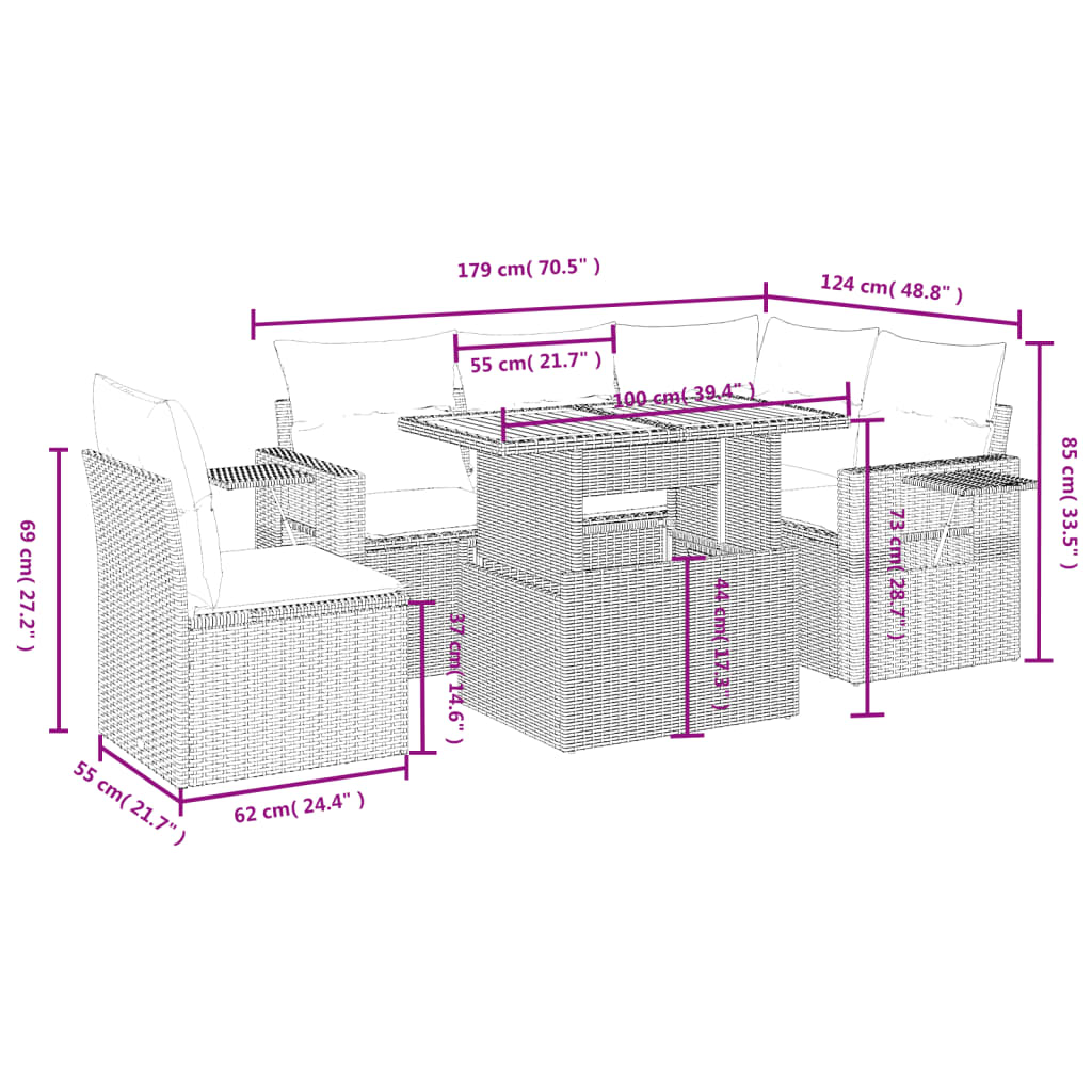 6-delige Loungeset met kussens poly rattan grijs