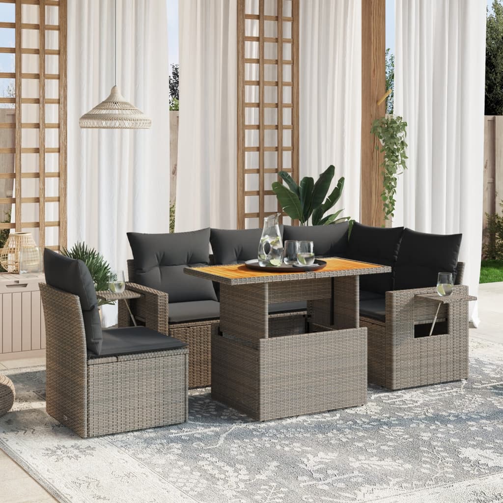 6-delige Loungeset met kussens poly rattan grijs