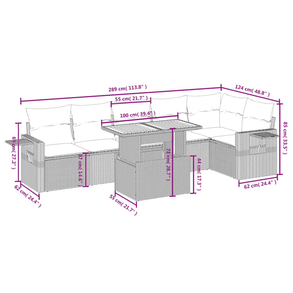 7-delige Loungeset met kussens poly rattan grijs