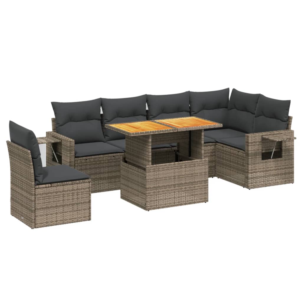 7-delige Loungeset met kussens poly rattan grijs