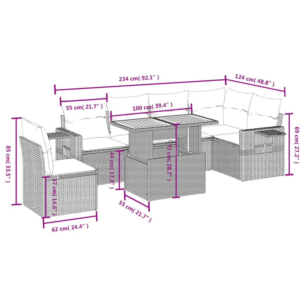 7-delige Loungeset met kussens poly rattan grijs