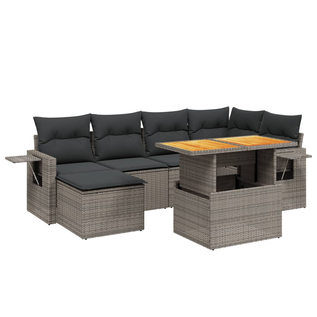 7-delige Loungeset met kussens poly rattan grijs