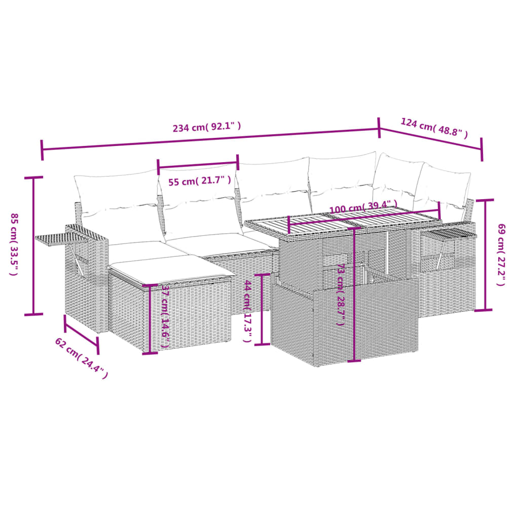 7-delige Loungeset met kussens poly rattan grijs