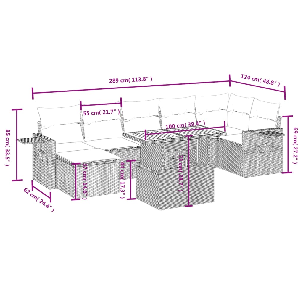 8-delige Loungeset met kussens poly rattan grijs