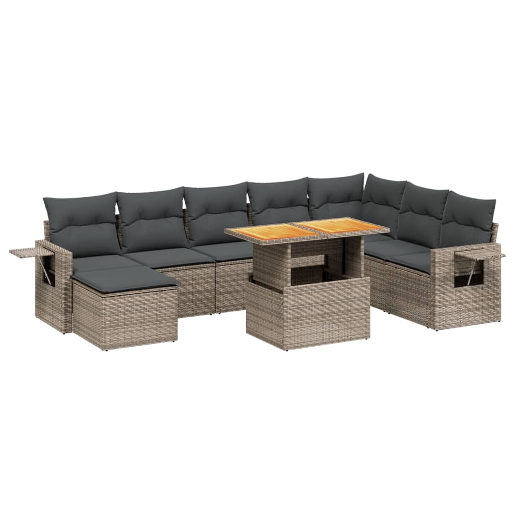 9-delige Loungeset met kussens poly rattan grijs