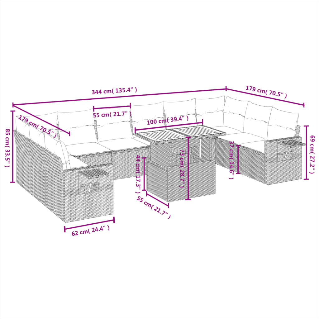 11-delige Loungeset met kussens poly rattan grijs