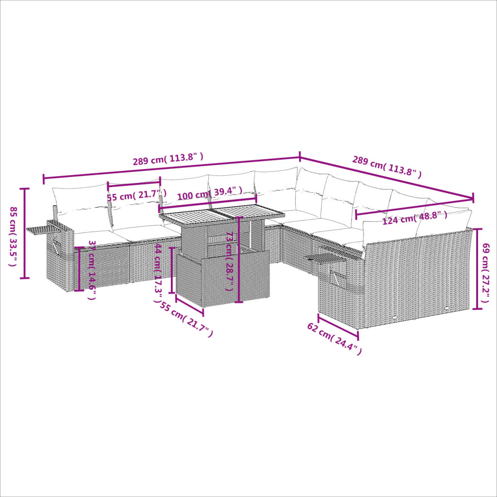 11-delige Loungeset met kussens poly rattan grijs