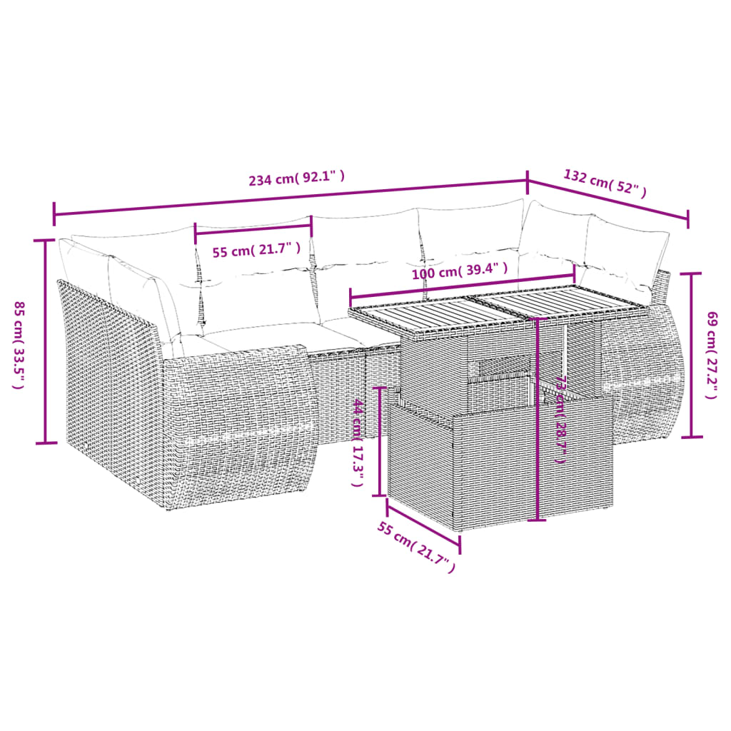 7-delige Loungeset met kussens poly rattan grijs