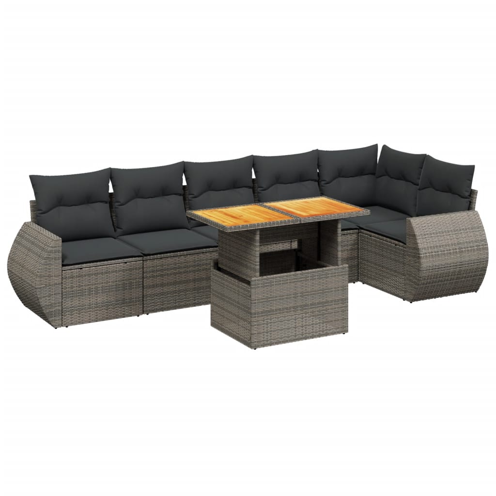 7-delige Loungeset met kussens poly rattan grijs