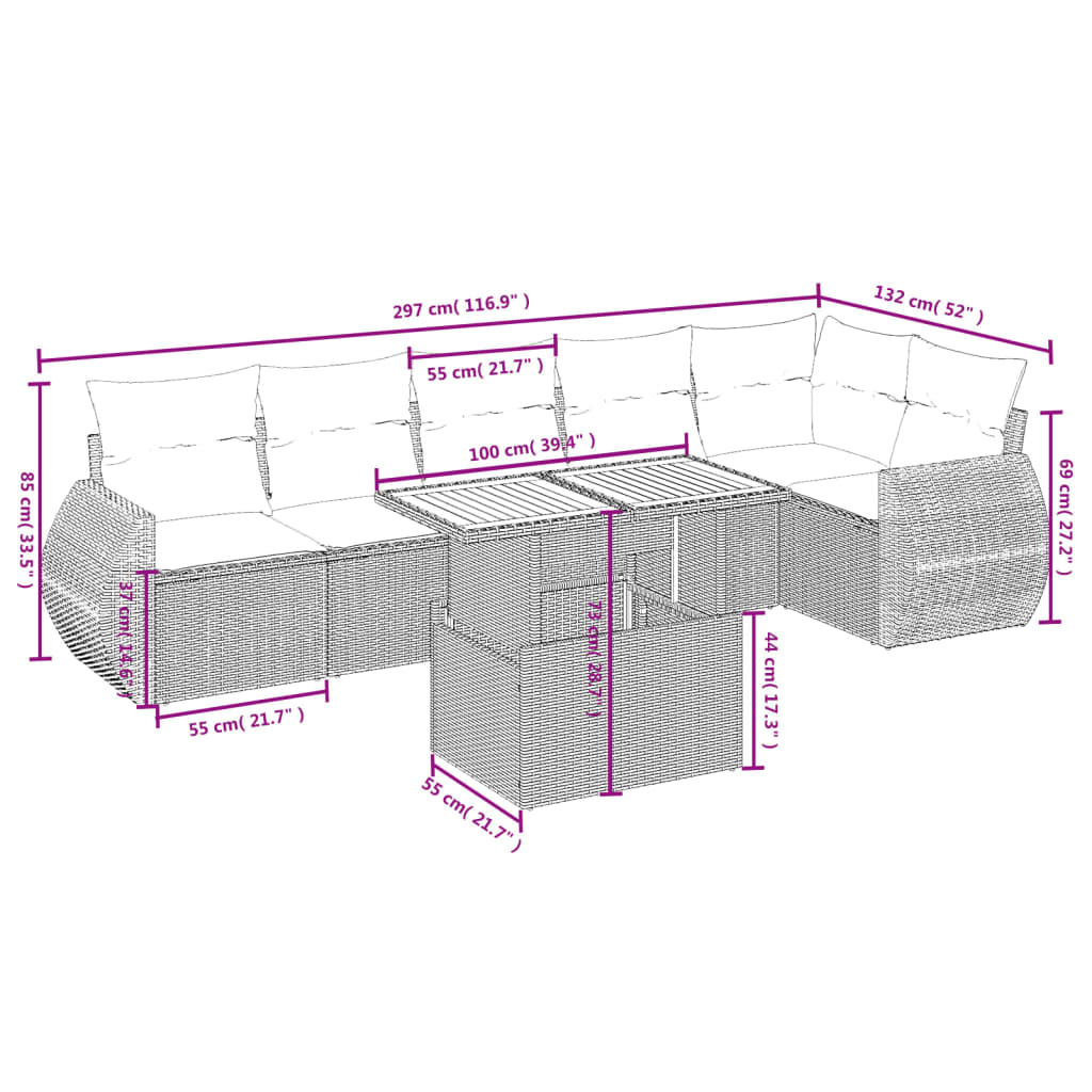 7-delige Loungeset met kussens poly rattan grijs