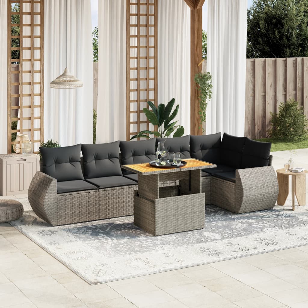 7-delige Loungeset met kussens poly rattan grijs