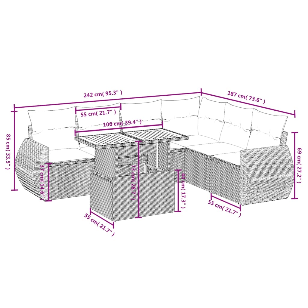 7-delige Loungeset met kussens poly rattan grijs