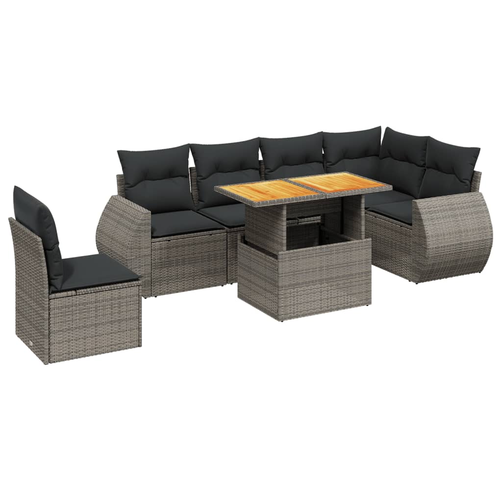 7-delige Loungeset met kussens poly rattan grijs