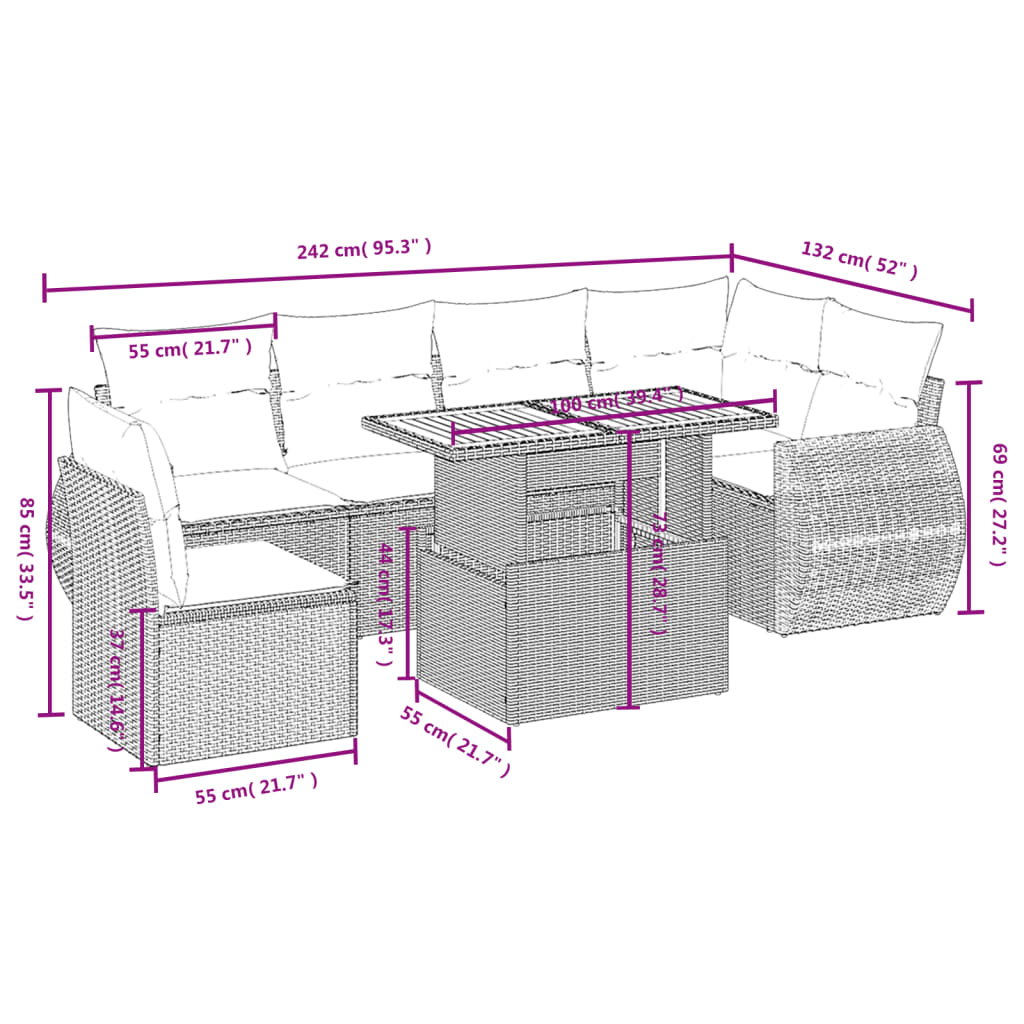 7-delige Loungeset met kussens poly rattan grijs