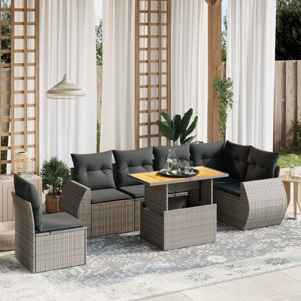 7-delige Loungeset met kussens poly rattan grijs