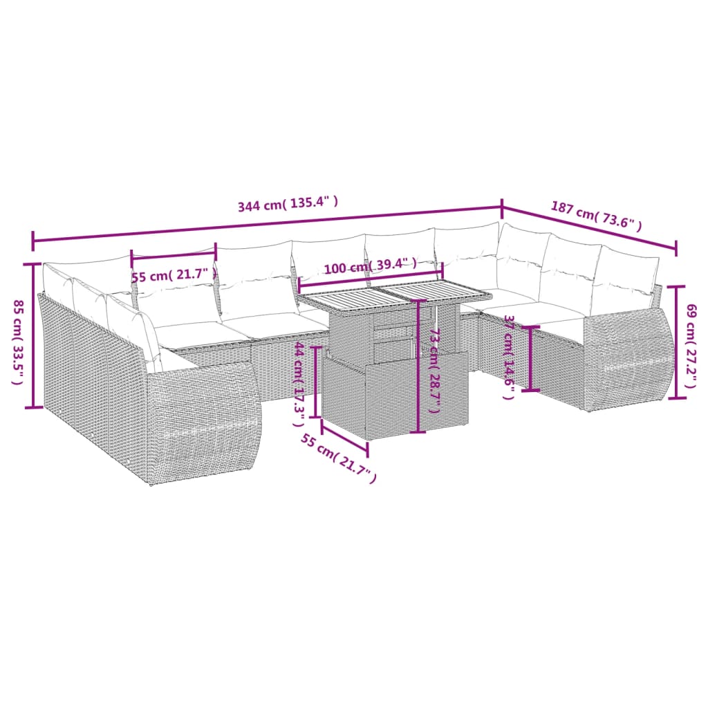 11-delige Loungeset met kussens poly rattan grijs