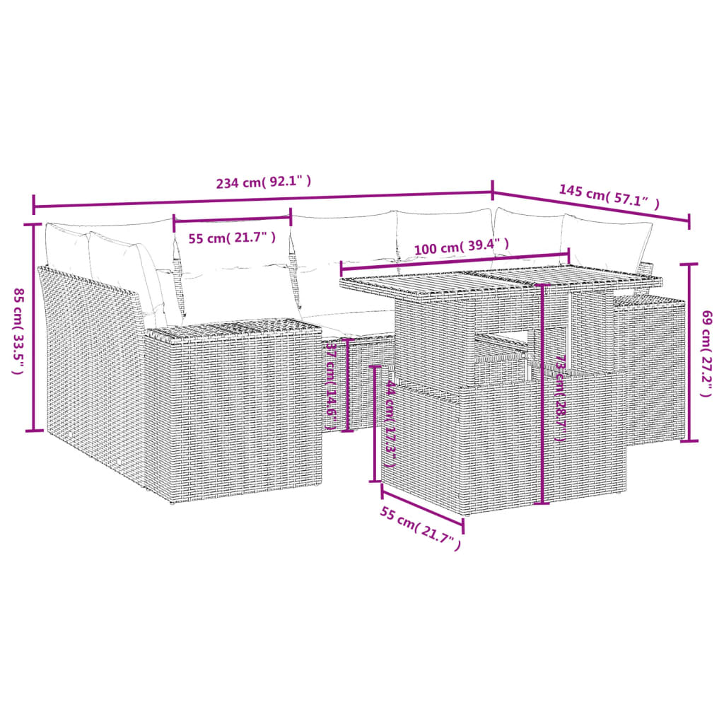 7-delige Loungeset met kussens poly rattan grijs