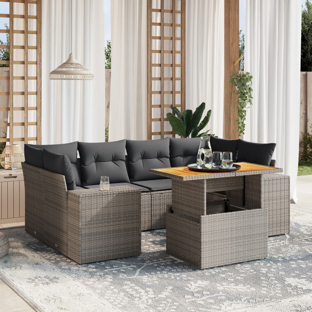 7-delige Loungeset met kussens poly rattan grijs