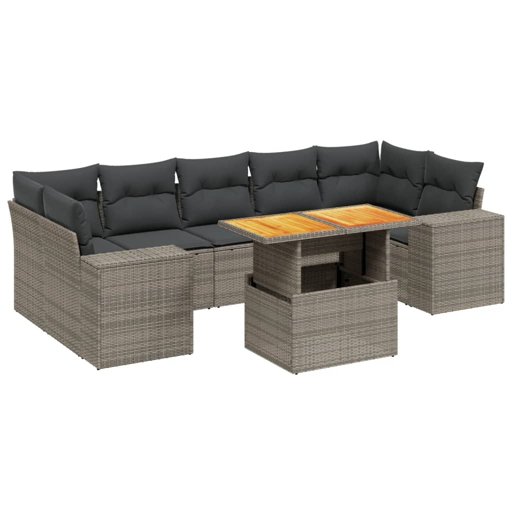 8-delige Loungeset met kussens poly rattan grijs