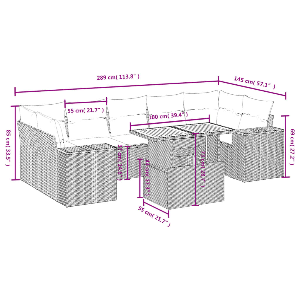 8-delige Loungeset met kussens poly rattan grijs