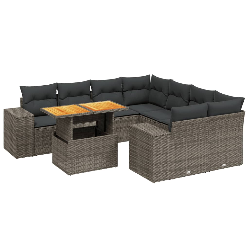 9-delige Loungeset met kussens poly rattan grijs