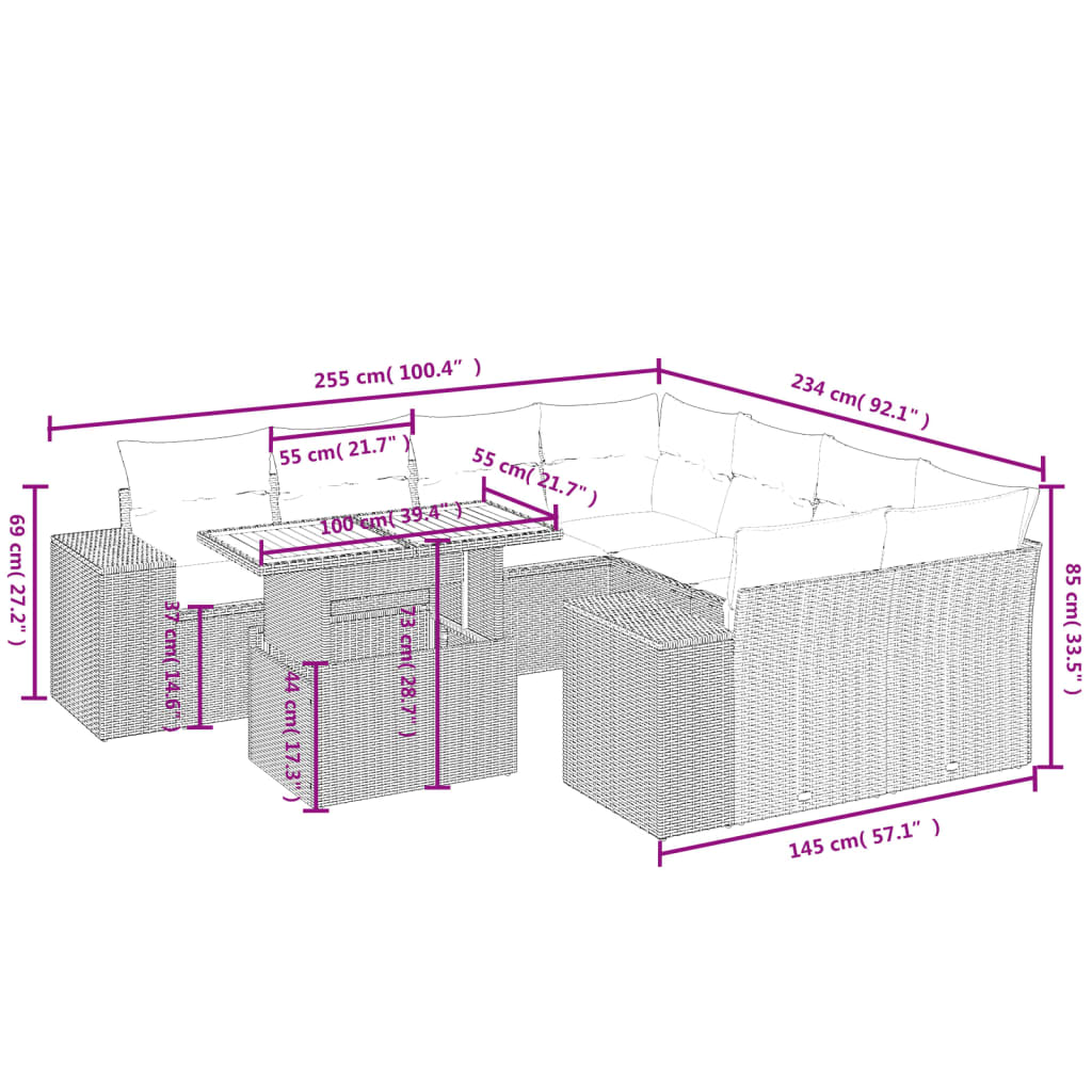 9-delige Loungeset met kussens poly rattan grijs