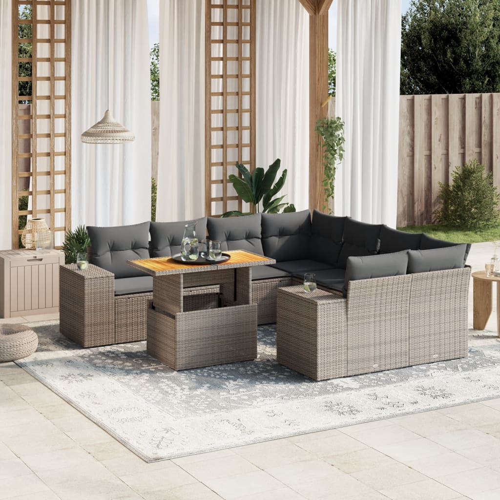 9-delige Loungeset met kussens poly rattan grijs