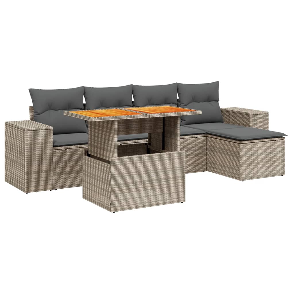 6-delige Loungeset met kussens poly rattan grijs