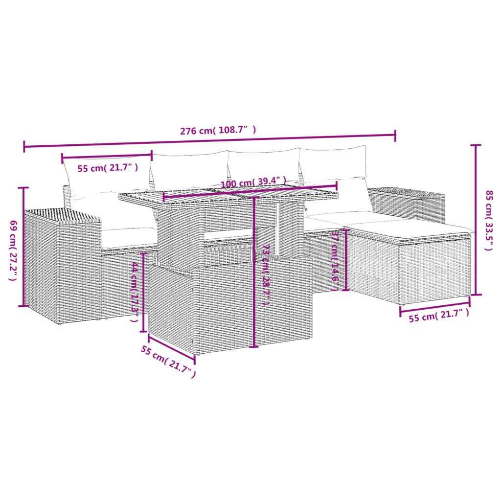 6-delige Loungeset met kussens poly rattan grijs