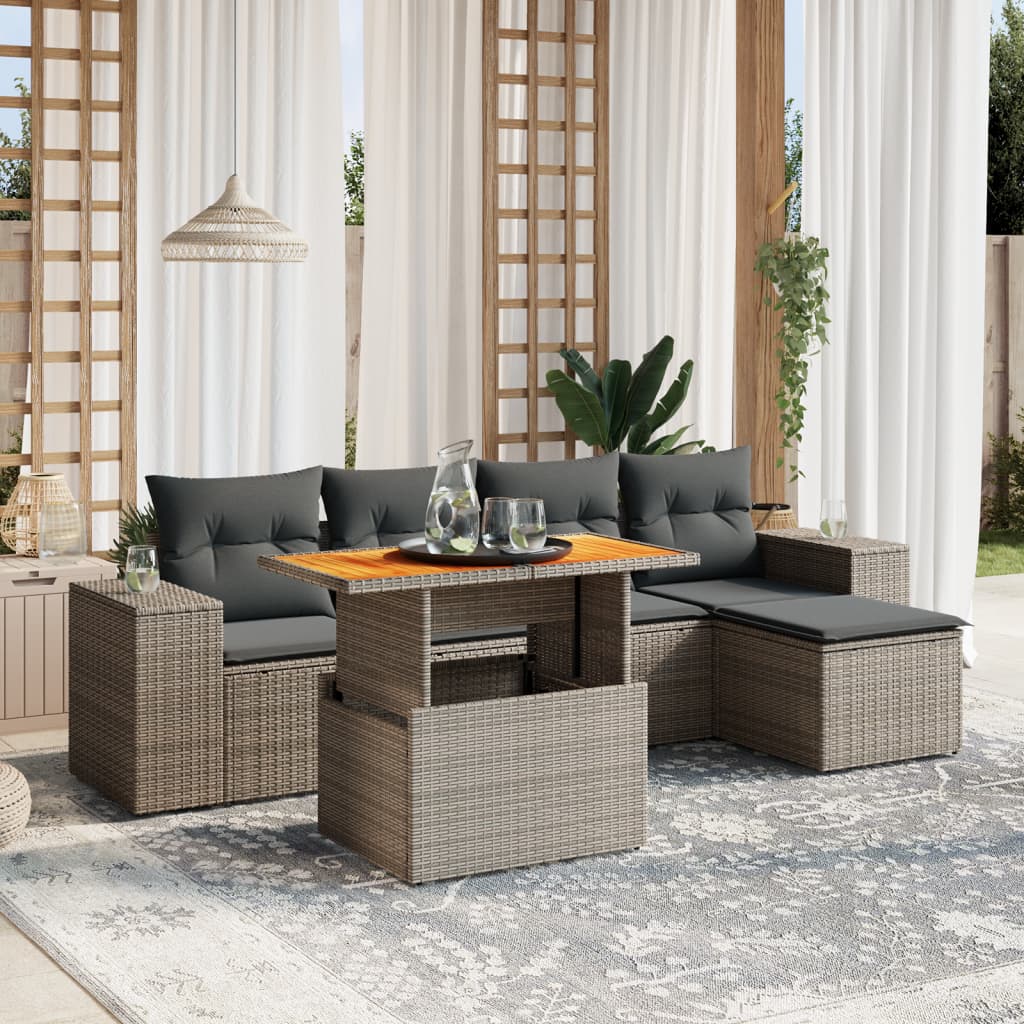 6-delige Loungeset met kussens poly rattan grijs