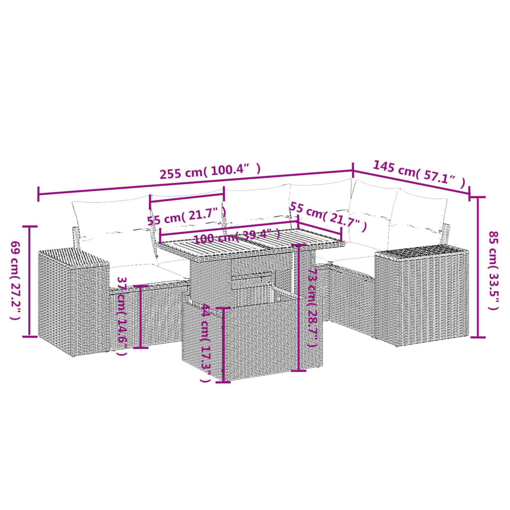 6-delige Loungeset met kussens poly rattan grijs