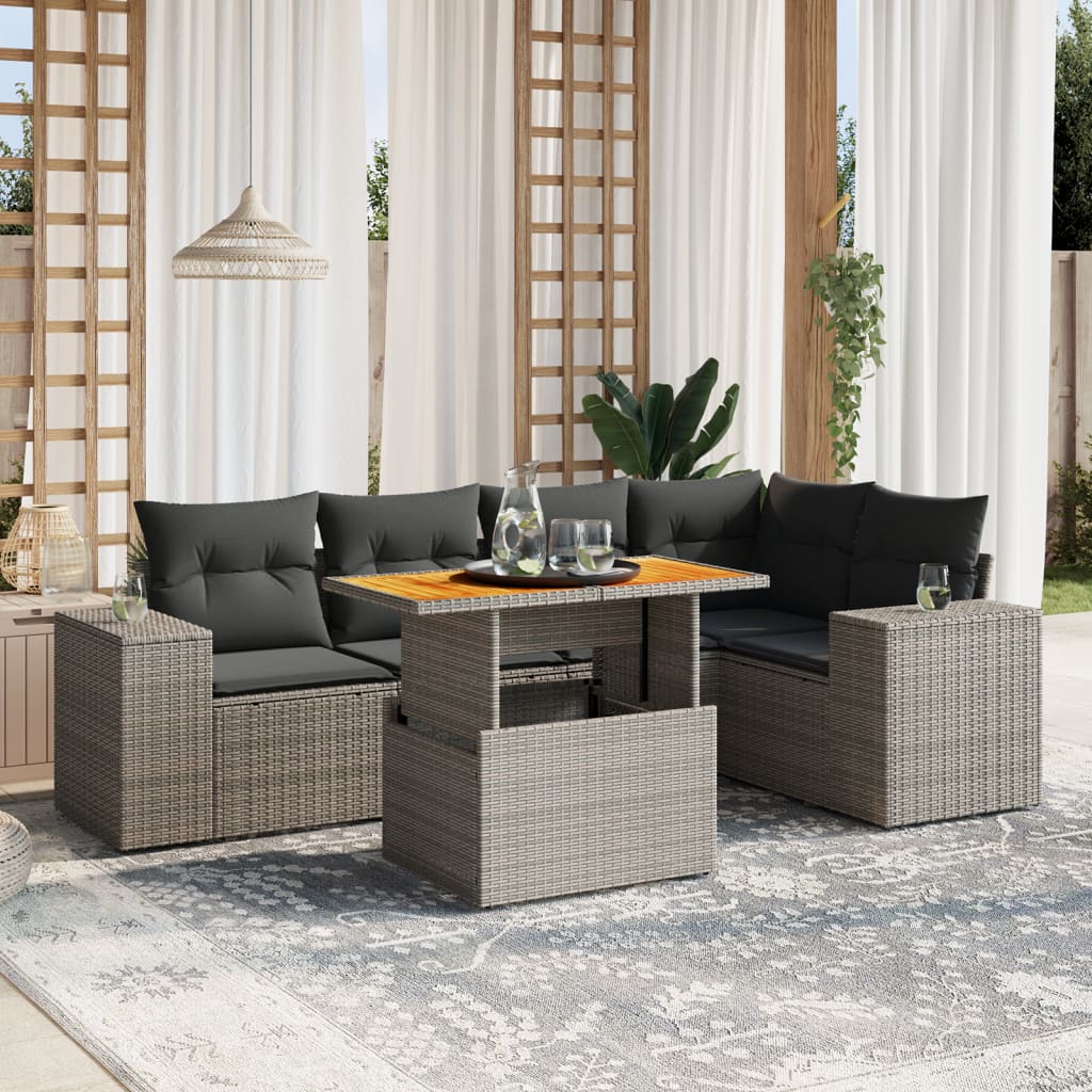 6-delige Loungeset met kussens poly rattan grijs