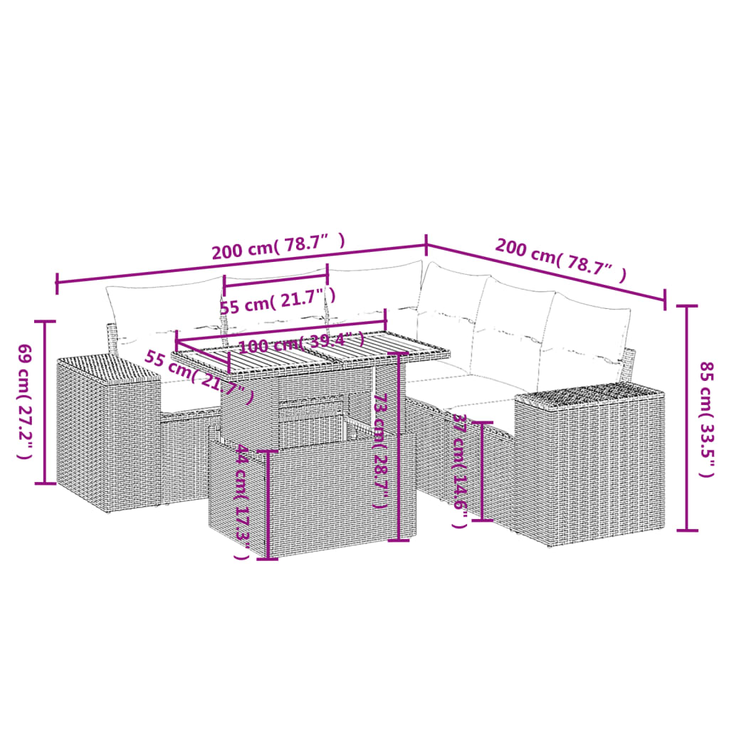 6-delige Loungeset met kussens poly rattan grijs