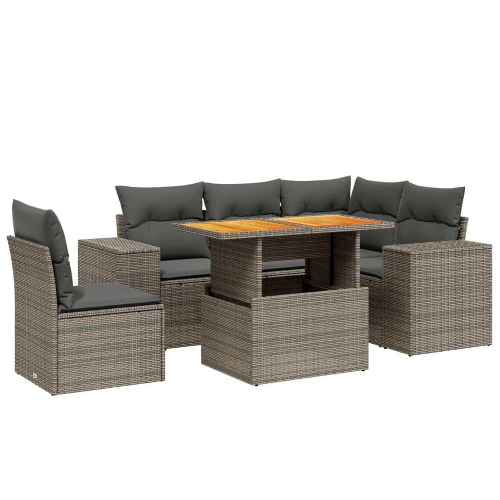 6-delige Loungeset met kussens poly rattan grijs