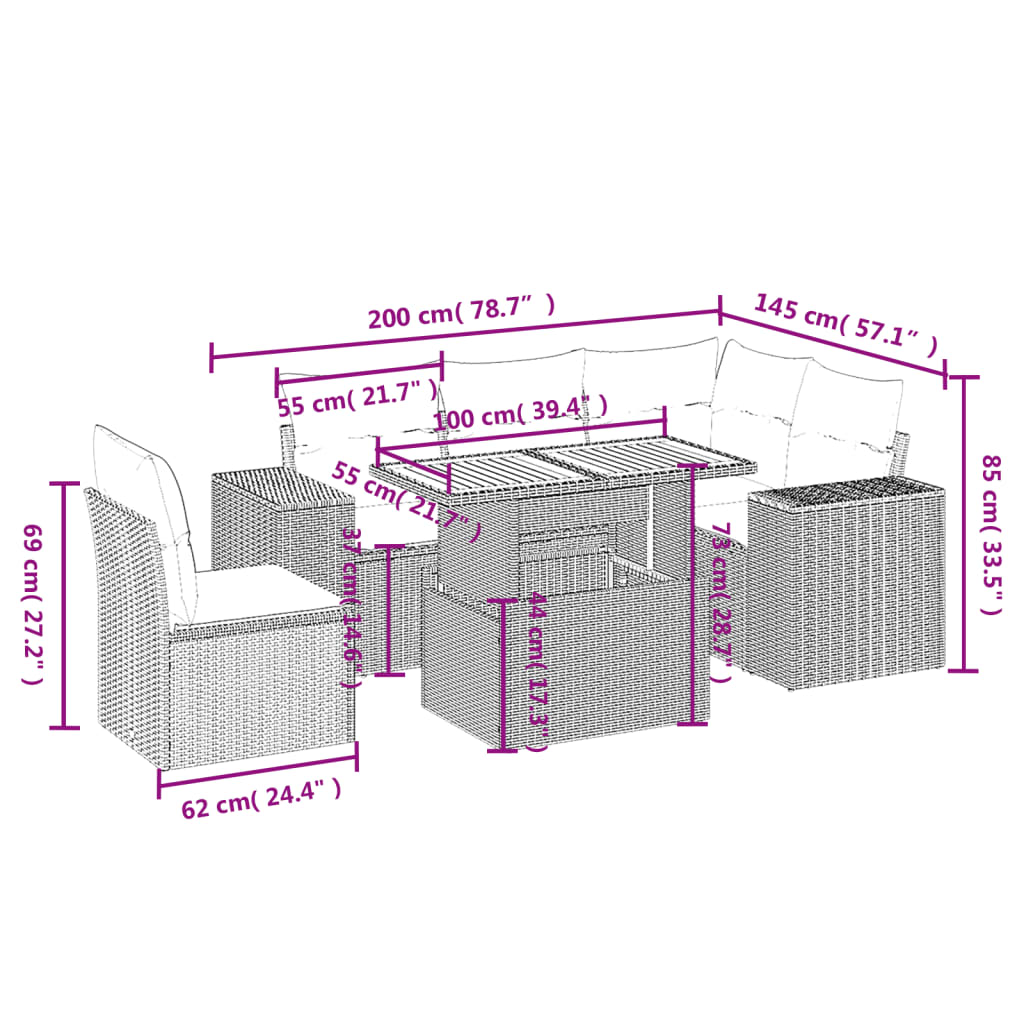 6-delige Loungeset met kussens poly rattan grijs