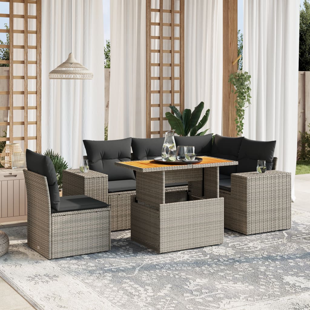 6-delige Loungeset met kussens poly rattan grijs