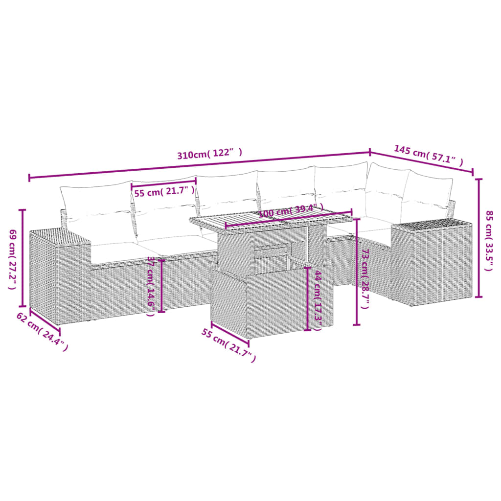 7-delige Loungeset met kussens poly rattan grijs