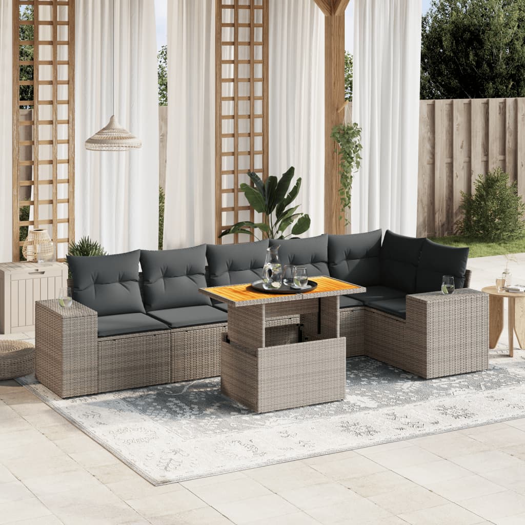 7-delige Loungeset met kussens poly rattan grijs