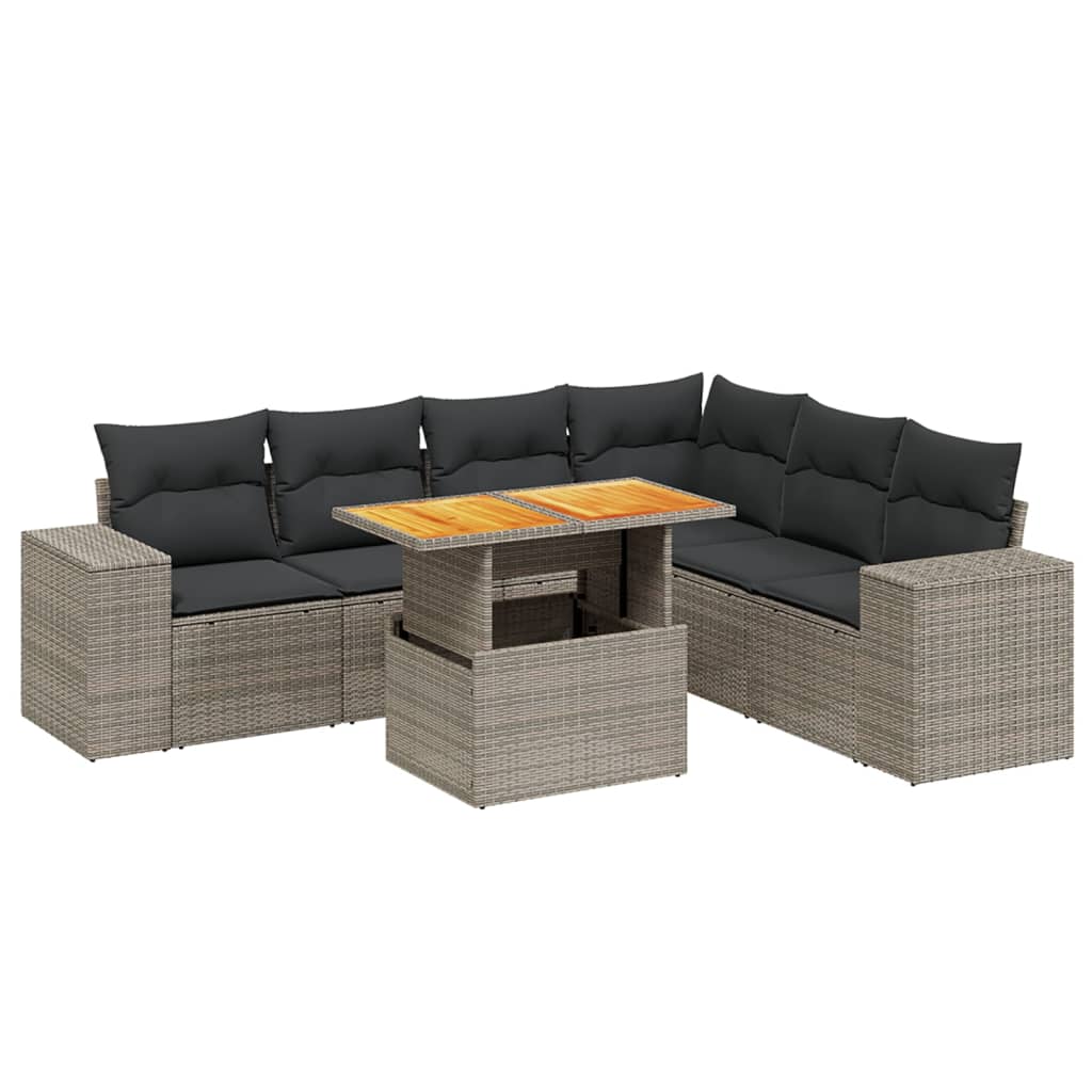 7-delige Loungeset met kussens poly rattan grijs