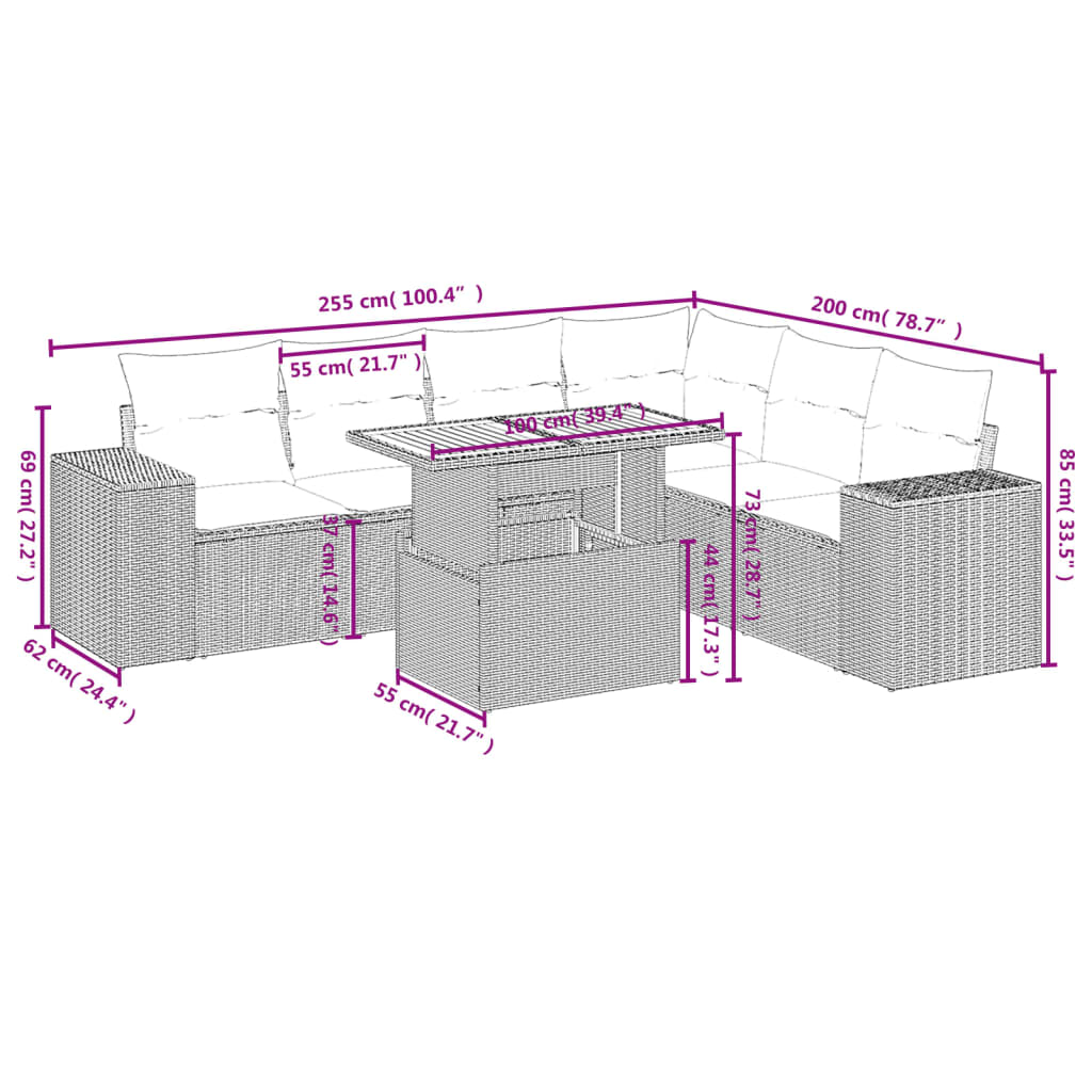 7-delige Loungeset met kussens poly rattan grijs