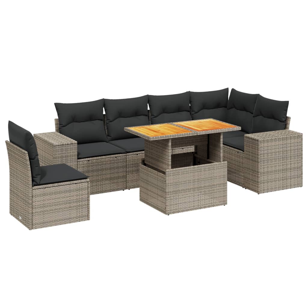 7-delige Loungeset met kussens poly rattan grijs