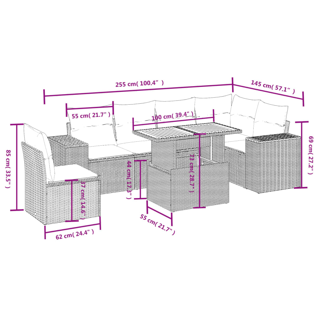 7-delige Loungeset met kussens poly rattan grijs