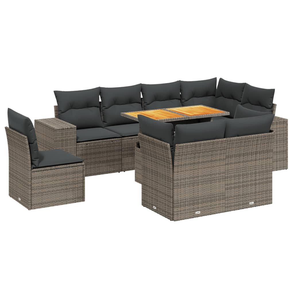 9-delige Loungeset met kussens poly rattan grijs