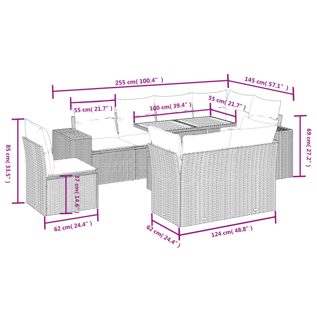 9-delige Loungeset met kussens poly rattan grijs