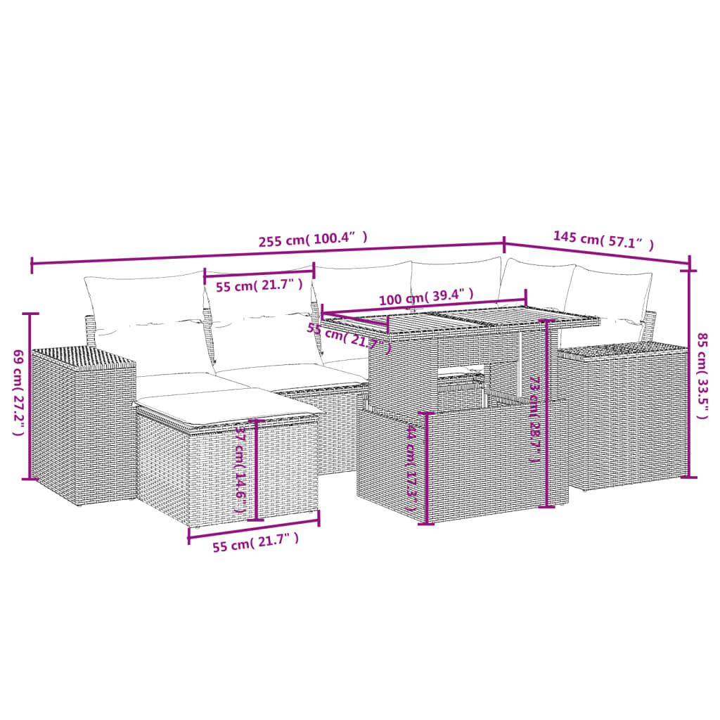 7-delige Loungeset met kussens poly rattan grijs