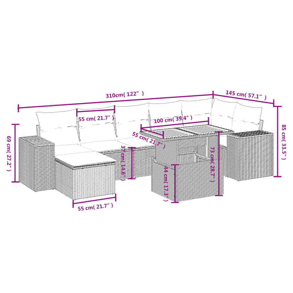 8-delige Loungeset met kussens poly rattan grijs