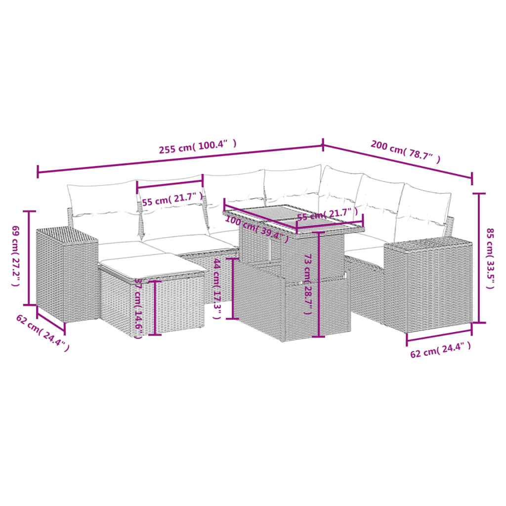 8-delige Loungeset met kussens poly rattan grijs