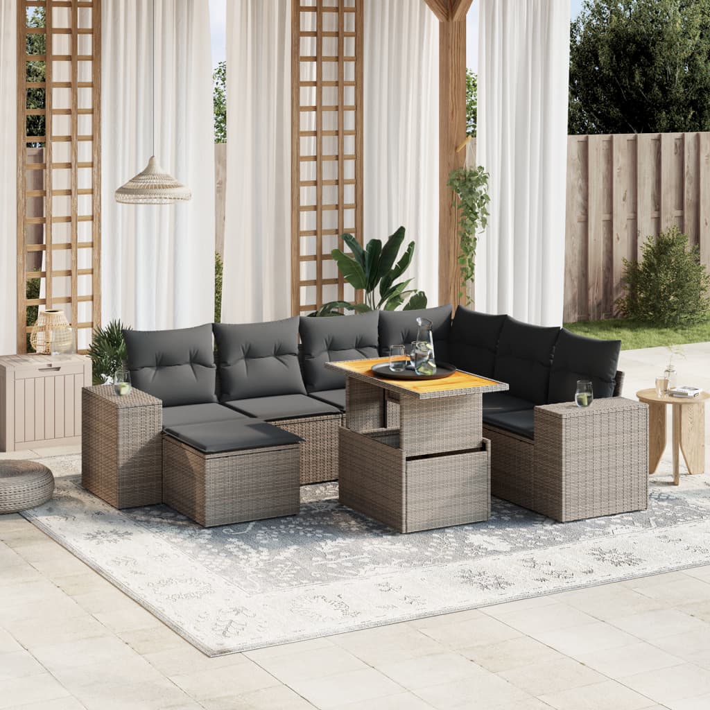 8-delige Loungeset met kussens poly rattan grijs